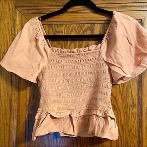 Salmon ruched flutter sleeve crop top